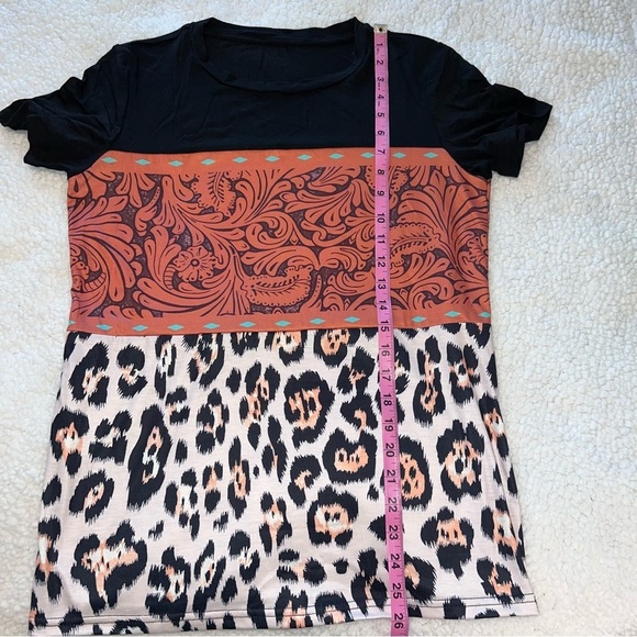 Punchy Western Cheetah Leopard Embroidered Faux Leather Short Sleeve T ShirT - Picture 6 of 8